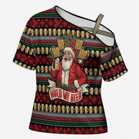 Santa Hold My Beer Christmas Cross Shoulder Shirt with Beer Mugs and Holiday Pattern - Wonder Print Shop