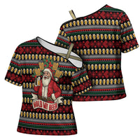 Santa Hold My Beer Christmas Cross Shoulder Shirt with Beer Mugs and Holiday Pattern - Wonder Print Shop