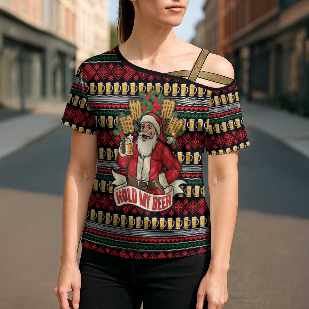 Santa Hold My Beer Christmas Cross Shoulder Shirt with Beer Mugs and Holiday Pattern - Wonder Print Shop