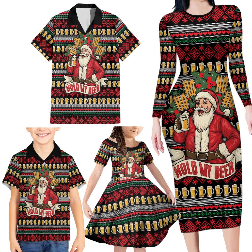 Santa Hold My Beer Christmas Family Matching Long Sleeve Bodycon Dress and Hawaiian Shirt with Beer Mugs and Holiday Pattern - Wonder Print Shop