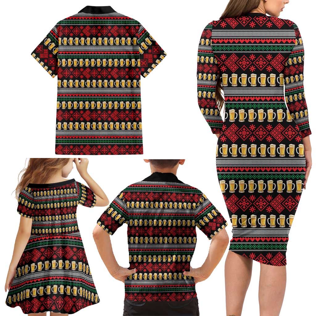 Santa Hold My Beer Christmas Family Matching Long Sleeve Bodycon Dress and Hawaiian Shirt with Beer Mugs and Holiday Pattern - Wonder Print Shop