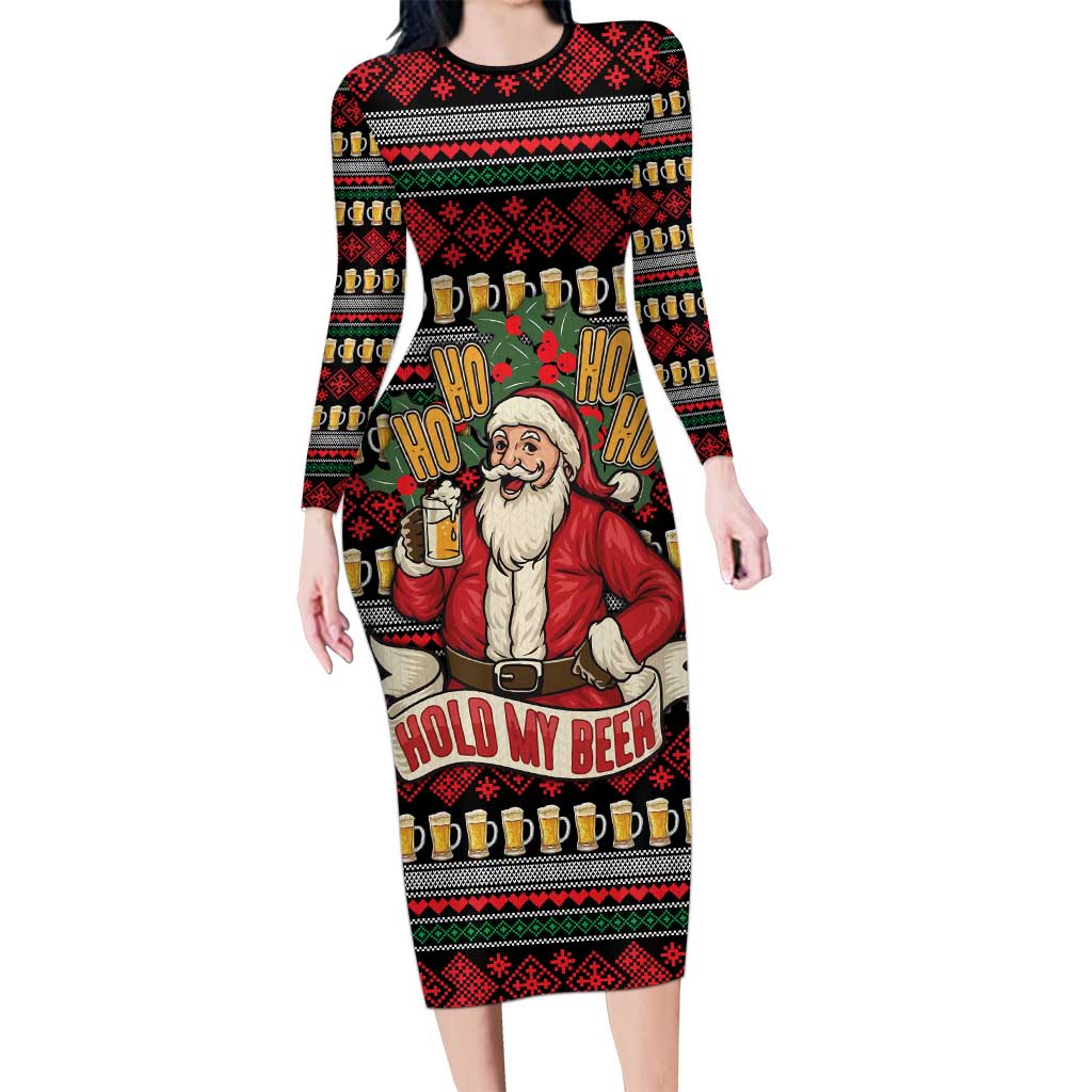Santa Hold My Beer Christmas Family Matching Long Sleeve Bodycon Dress and Hawaiian Shirt with Beer Mugs and Holiday Pattern - Wonder Print Shop