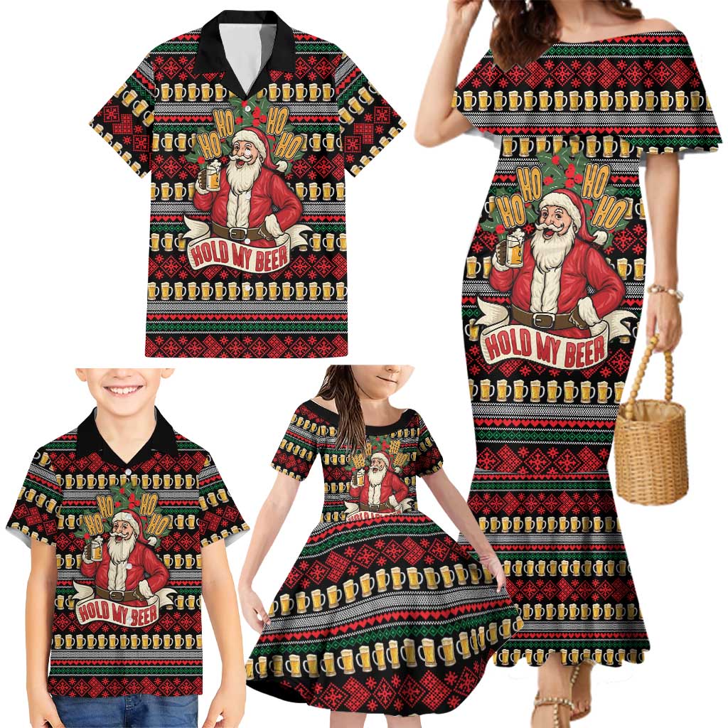 Santa Hold My Beer Christmas Family Matching Mermaid Dress and Hawaiian Shirt with Beer Mugs and Holiday Pattern - Wonder Print Shop