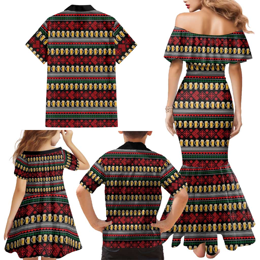 Santa Hold My Beer Christmas Family Matching Mermaid Dress and Hawaiian Shirt with Beer Mugs and Holiday Pattern - Wonder Print Shop
