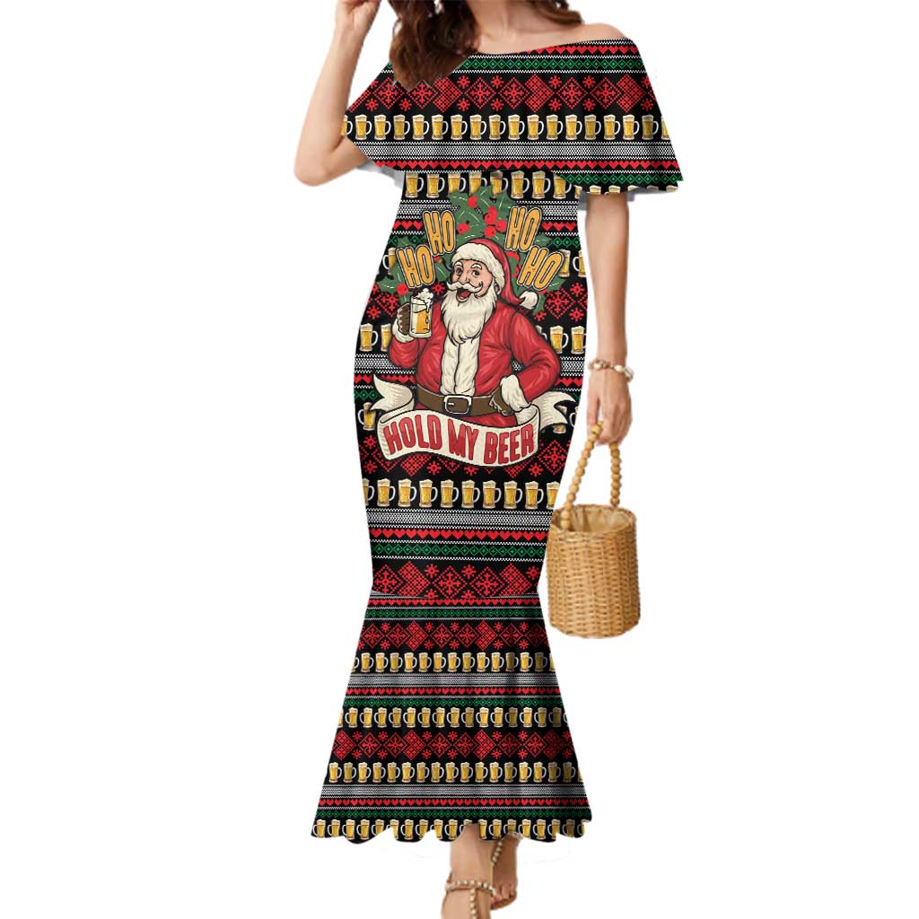 Santa Hold My Beer Christmas Family Matching Mermaid Dress and Hawaiian Shirt with Beer Mugs and Holiday Pattern - Wonder Print Shop
