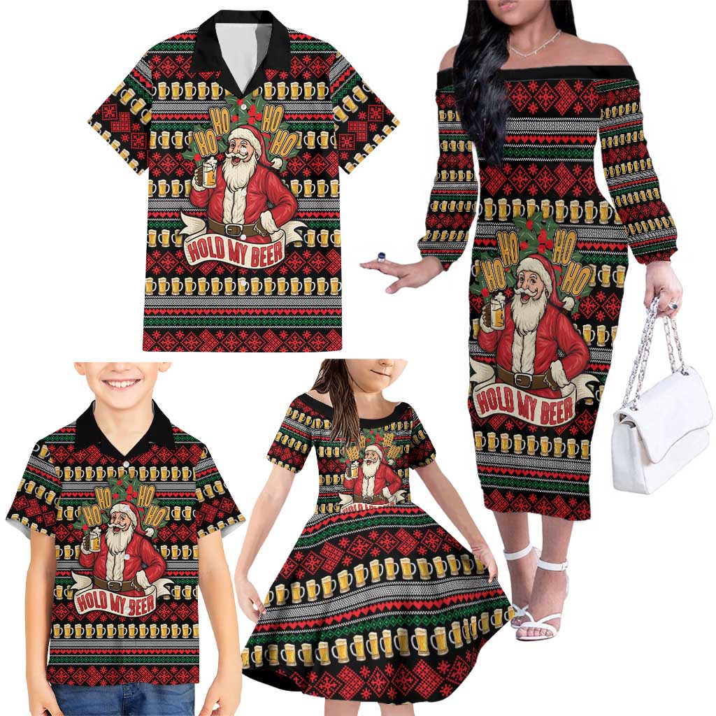 Santa Hold My Beer Christmas Family Matching Off The Shoulder Long Sleeve Dress and Hawaiian Shirt with Beer Mugs and Holiday Pattern - Wonder Print Shop