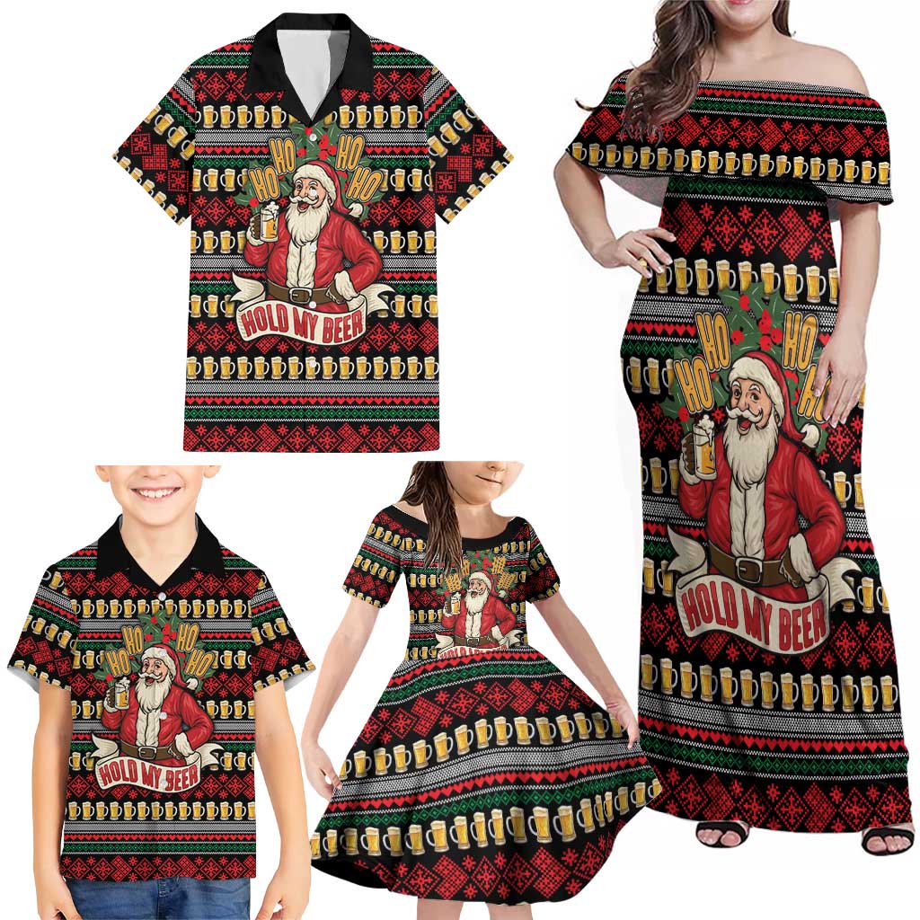 Santa Hold My Beer Christmas Family Matching Off Shoulder Maxi Dress and Hawaiian Shirt with Beer Mugs and Holiday Pattern - Wonder Print Shop