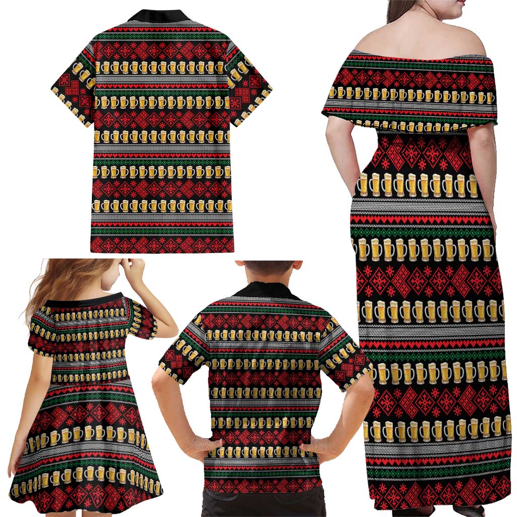 Santa Hold My Beer Christmas Family Matching Off Shoulder Maxi Dress and Hawaiian Shirt with Beer Mugs and Holiday Pattern - Wonder Print Shop