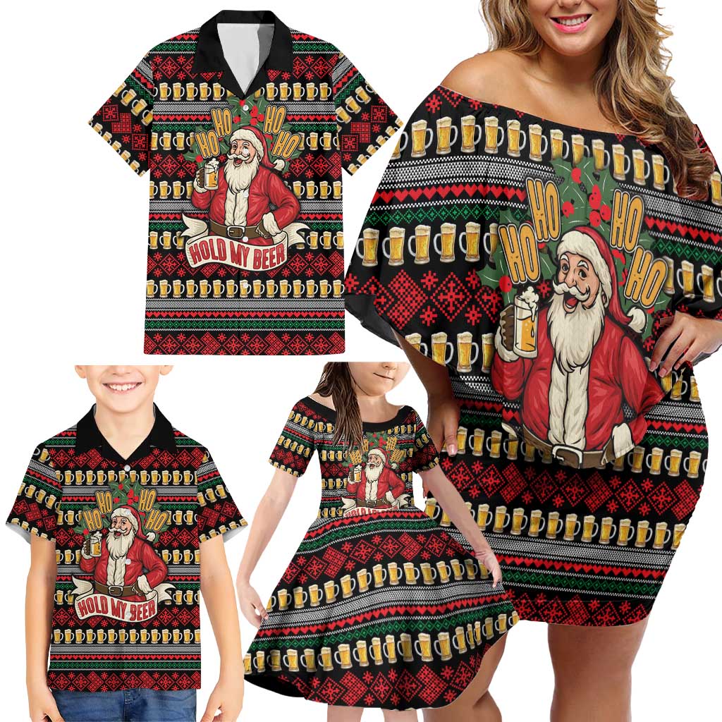 Santa Hold My Beer Christmas Family Matching Off Shoulder Short Dress and Hawaiian Shirt with Beer Mugs and Holiday Pattern - Wonder Print Shop