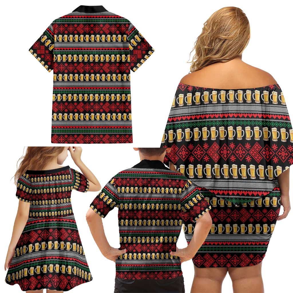 Santa Hold My Beer Christmas Family Matching Off Shoulder Short Dress and Hawaiian Shirt with Beer Mugs and Holiday Pattern - Wonder Print Shop