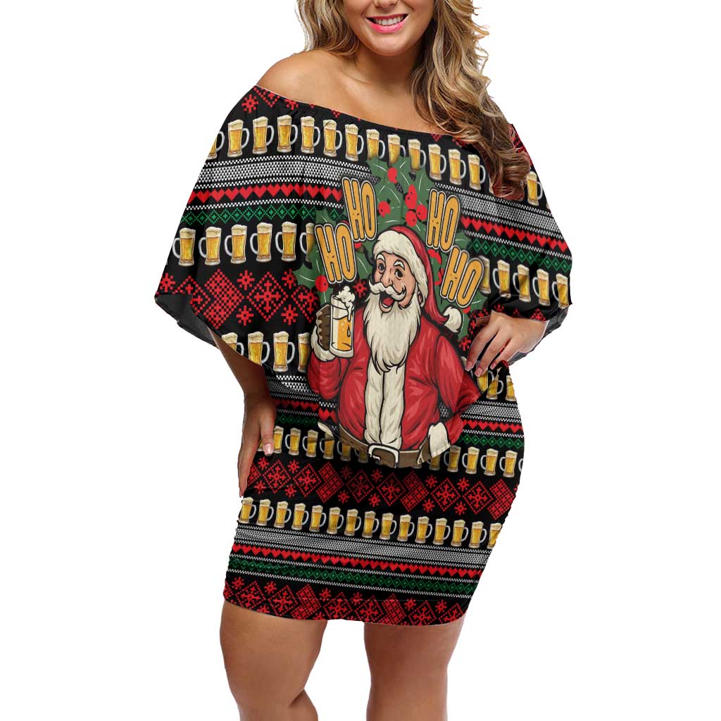 Santa Hold My Beer Christmas Family Matching Off Shoulder Short Dress and Hawaiian Shirt with Beer Mugs and Holiday Pattern - Wonder Print Shop