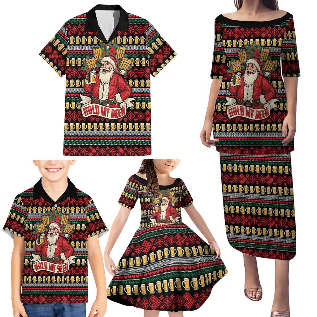 Santa Hold My Beer Christmas Family Matching Puletasi and Hawaiian Shirt with Beer Mugs and Holiday Pattern - Wonder Print Shop