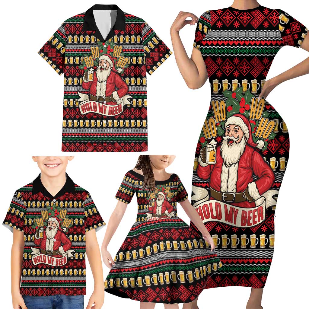 Santa Hold My Beer Christmas Family Matching Short Sleeve Bodycon Dress and Hawaiian Shirt with Beer Mugs and Holiday Pattern - Wonder Print Shop