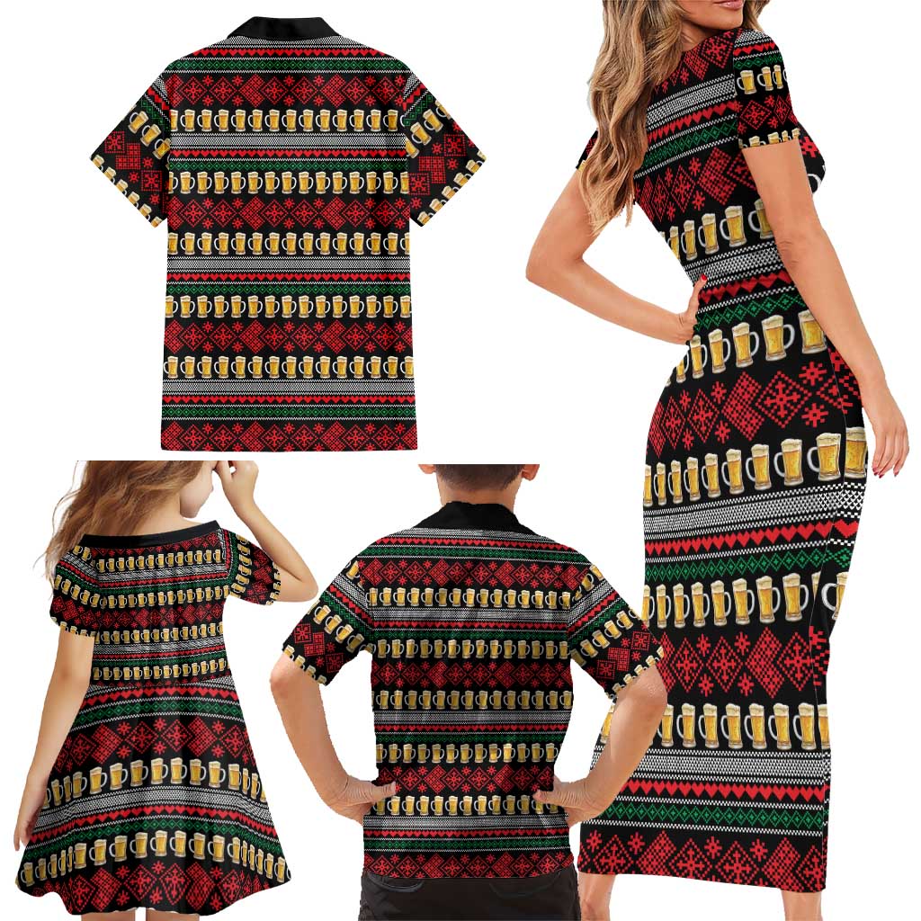 Santa Hold My Beer Christmas Family Matching Short Sleeve Bodycon Dress and Hawaiian Shirt with Beer Mugs and Holiday Pattern - Wonder Print Shop