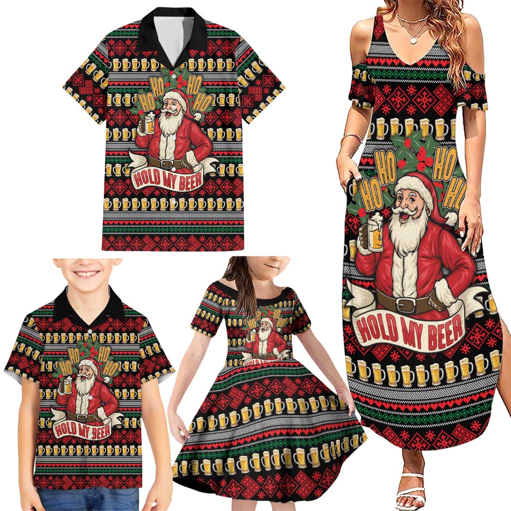 Santa Hold My Beer Christmas Family Matching Summer Maxi Dress and Hawaiian Shirt with Beer Mugs and Holiday Pattern - Wonder Print Shop