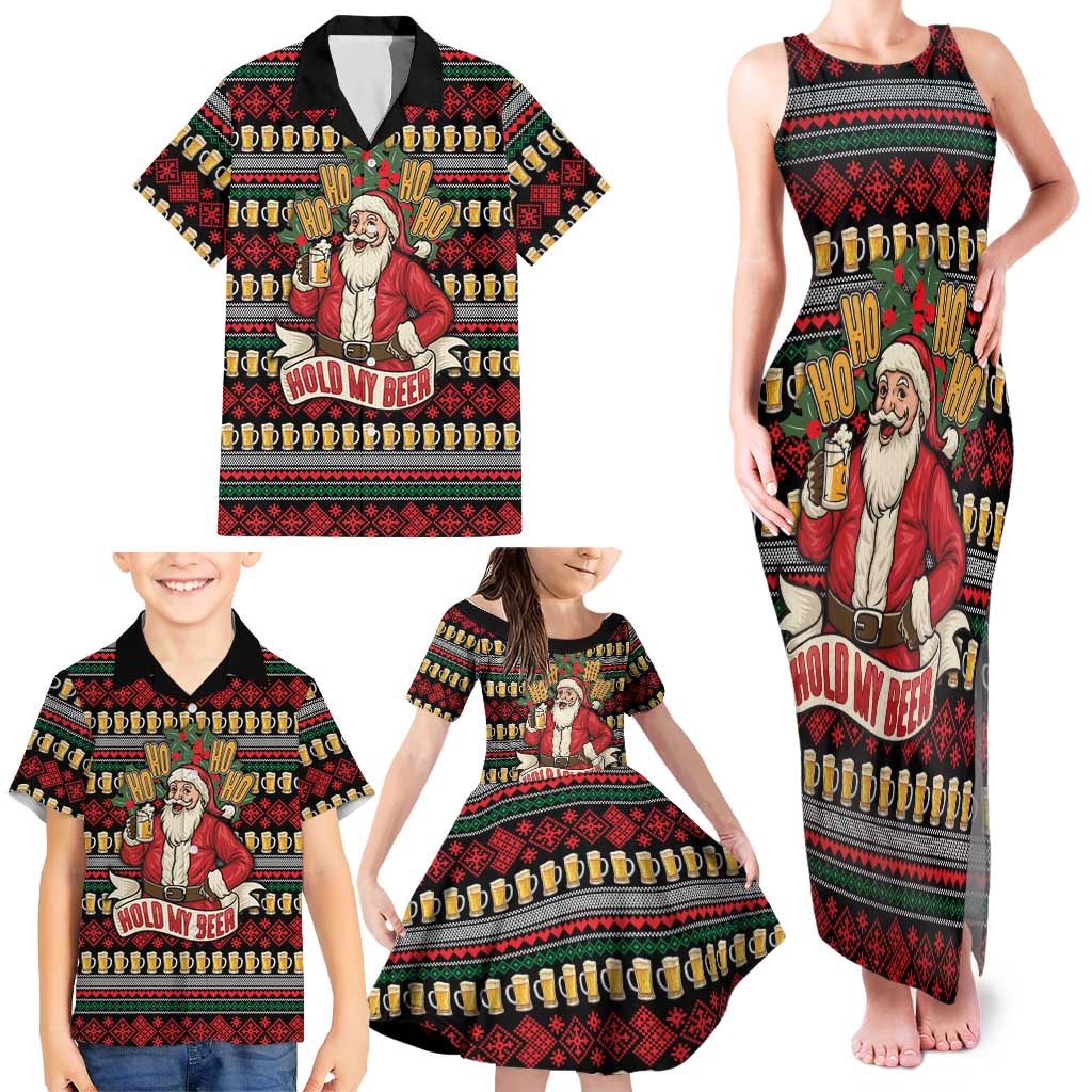 Santa Hold My Beer Christmas Family Matching Tank Maxi Dress and Hawaiian Shirt with Beer Mugs and Holiday Pattern - Wonder Print Shop