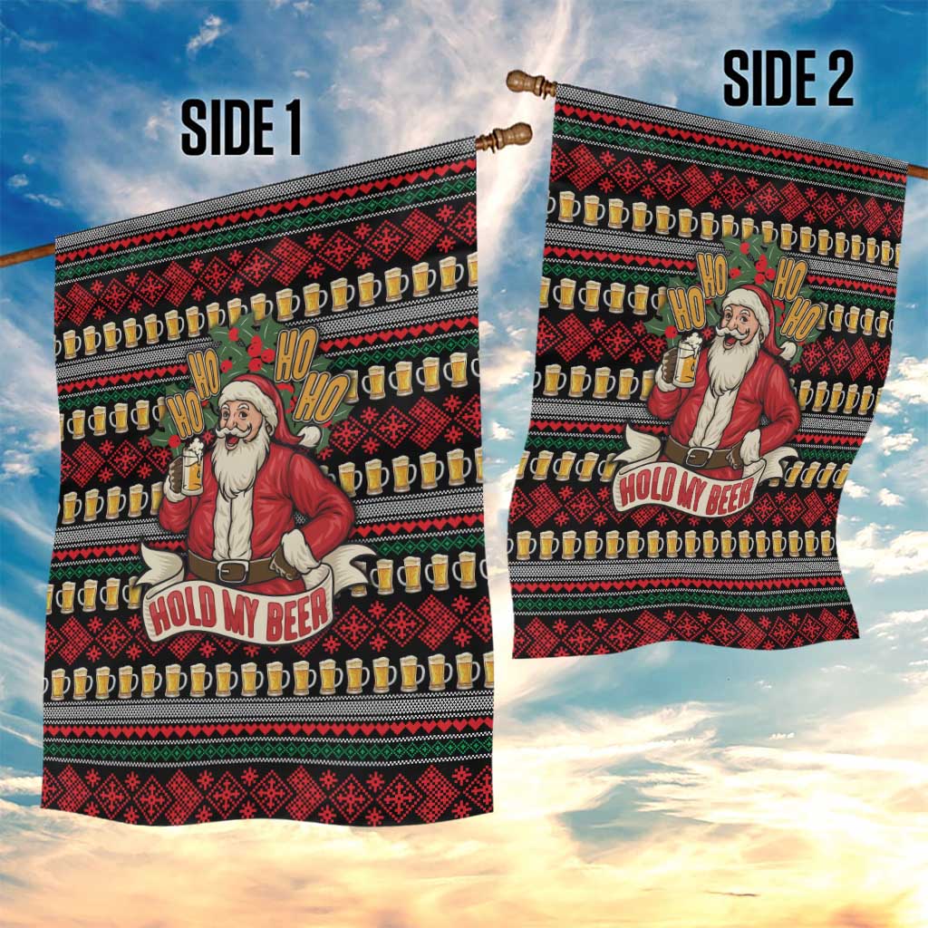 Santa Hold My Beer Christmas Garden Flag with Beer Mugs and Holiday Pattern - Wonder Print Shop
