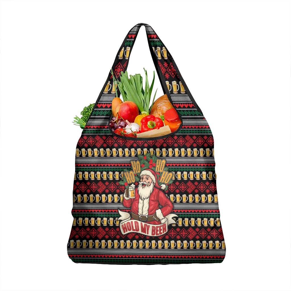 Santa Hold My Beer Christmas Grocery Bag with Beer Mugs and Holiday Pattern - Wonder Print Shop