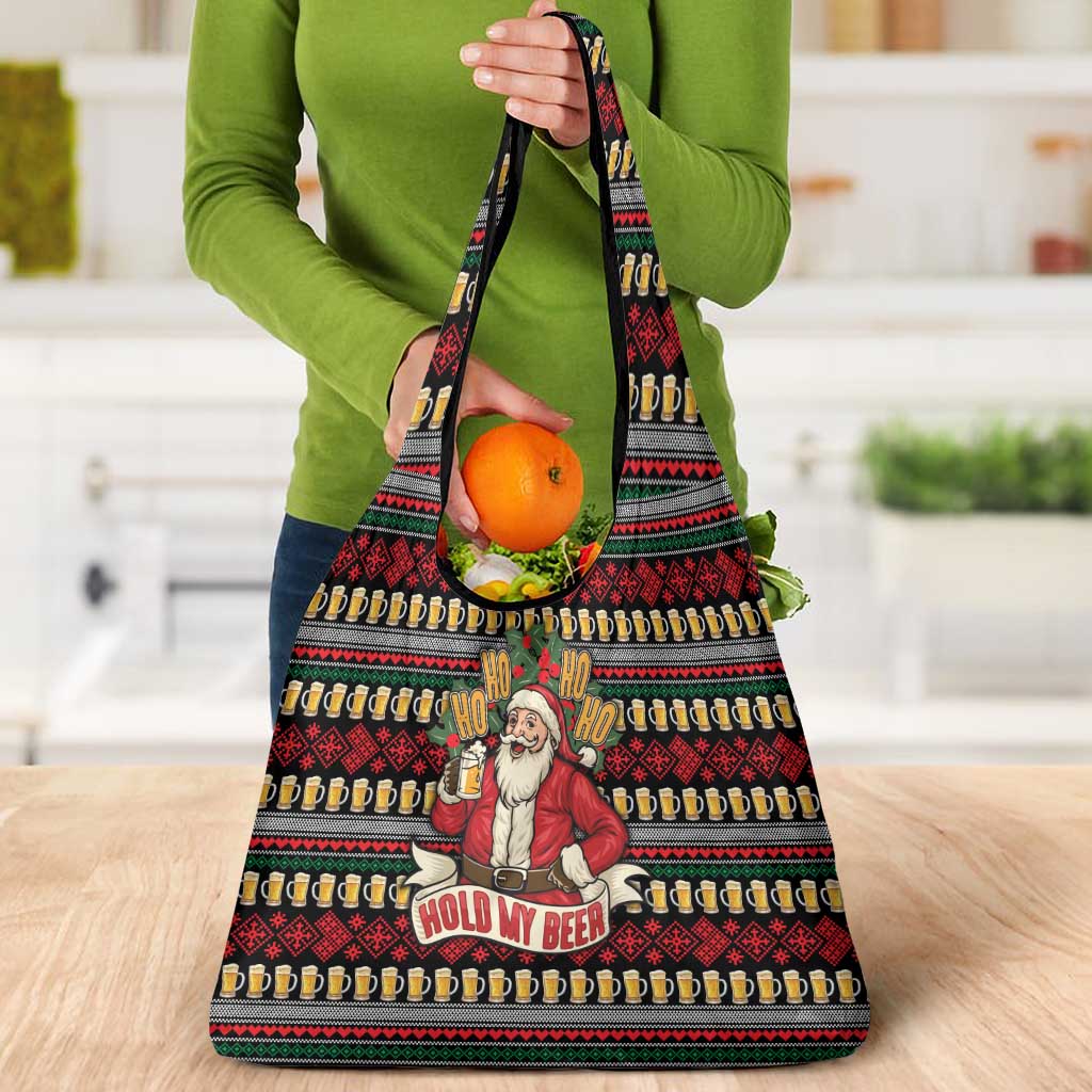 Santa Hold My Beer Christmas Grocery Bag with Beer Mugs and Holiday Pattern - Wonder Print Shop