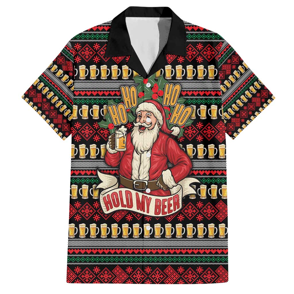 Santa Hold My Beer Christmas Hawaiian Shirt with Beer Mugs and Holiday Pattern - Wonder Print Shop