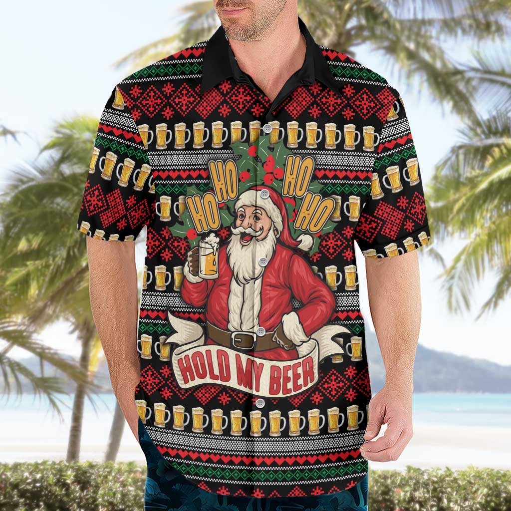 Santa Hold My Beer Christmas Hawaiian Shirt with Beer Mugs and Holiday Pattern - Wonder Print Shop