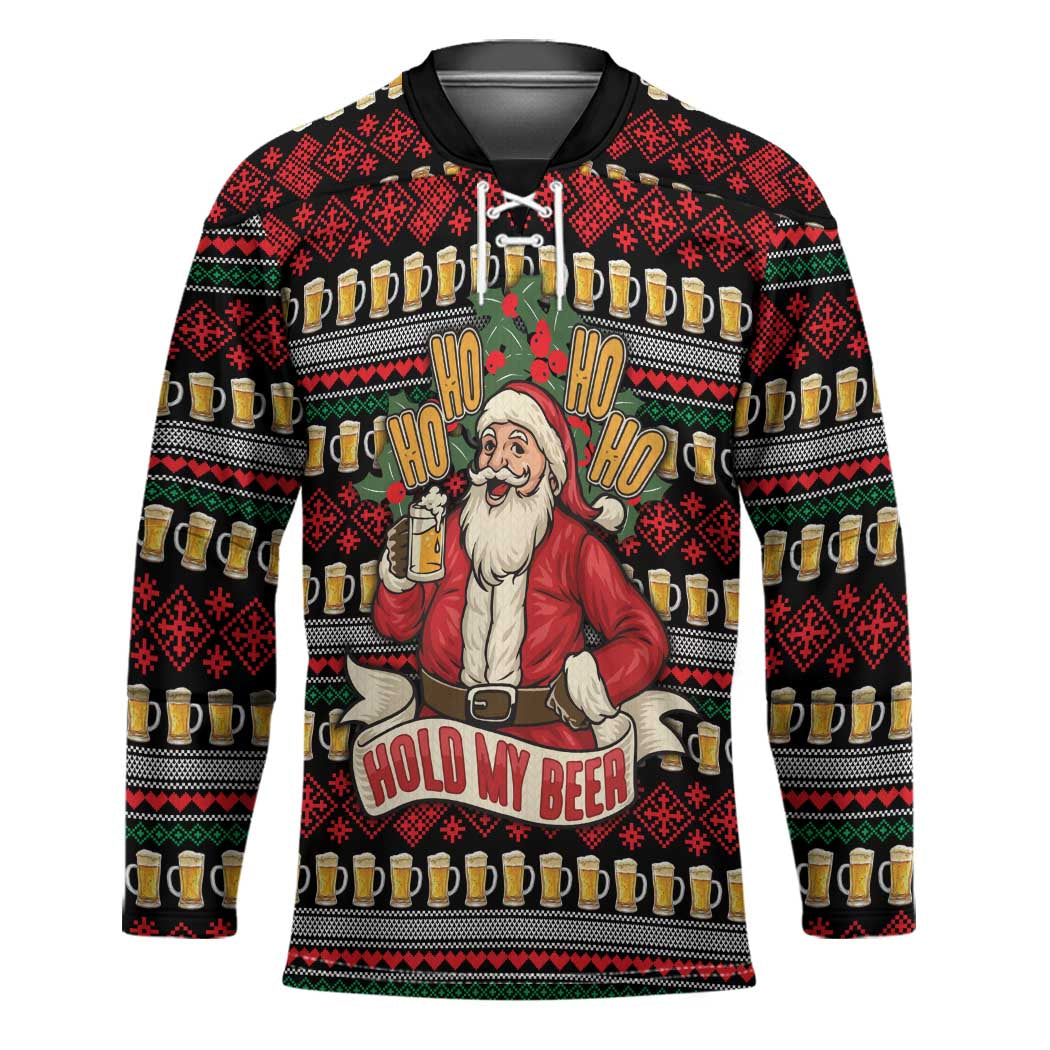 Santa Hold My Beer Christmas Hockey Jersey with Beer Mugs and Holiday Pattern - Wonder Print Shop