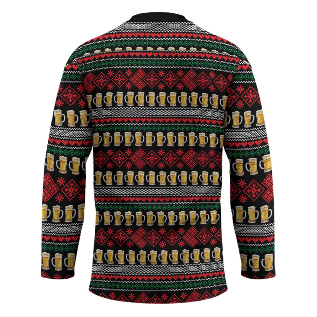 Santa Hold My Beer Christmas Hockey Jersey with Beer Mugs and Holiday Pattern - Wonder Print Shop