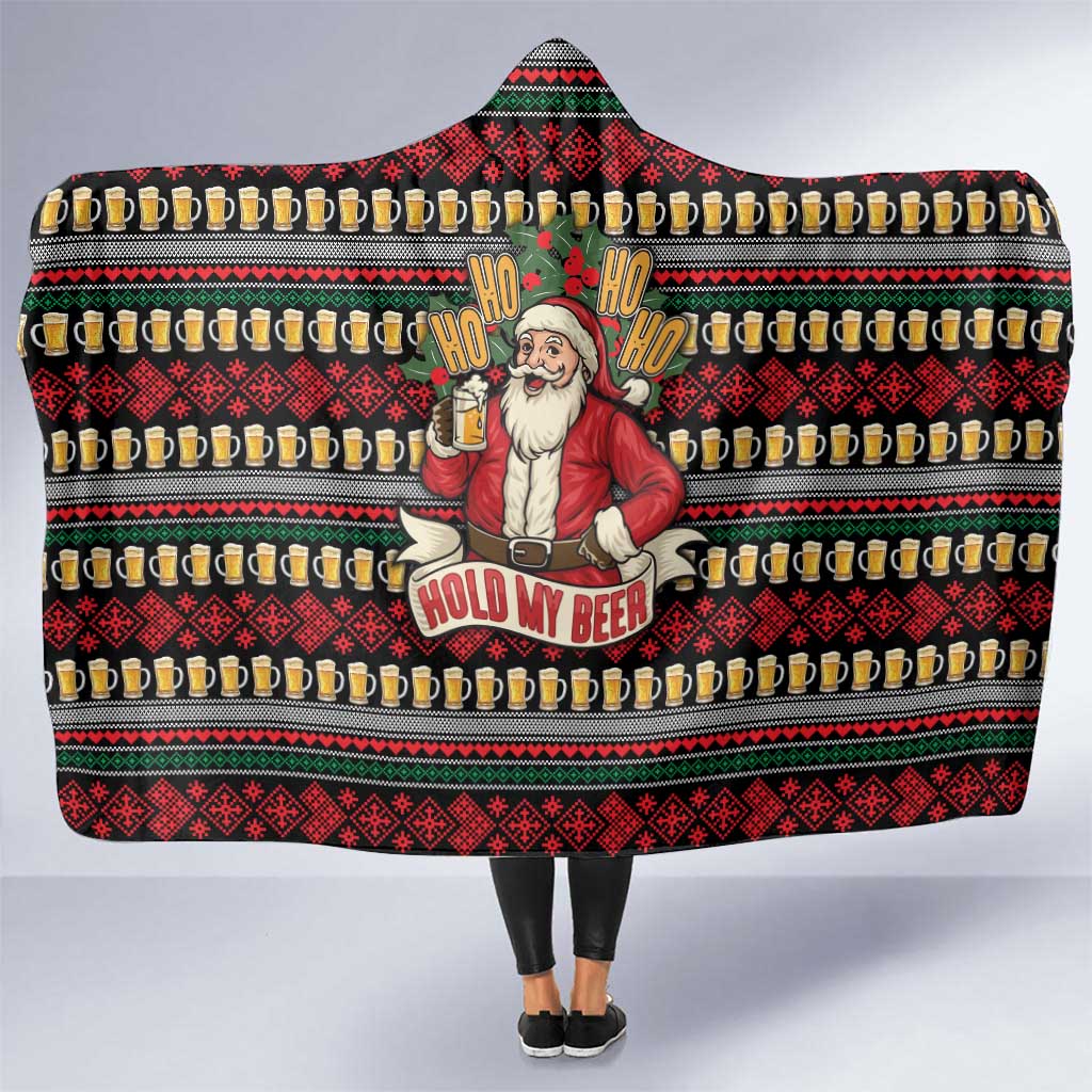 Santa Hold My Beer Christmas Hooded Blanket with Beer Mugs and Holiday Pattern - Wonder Print Shop