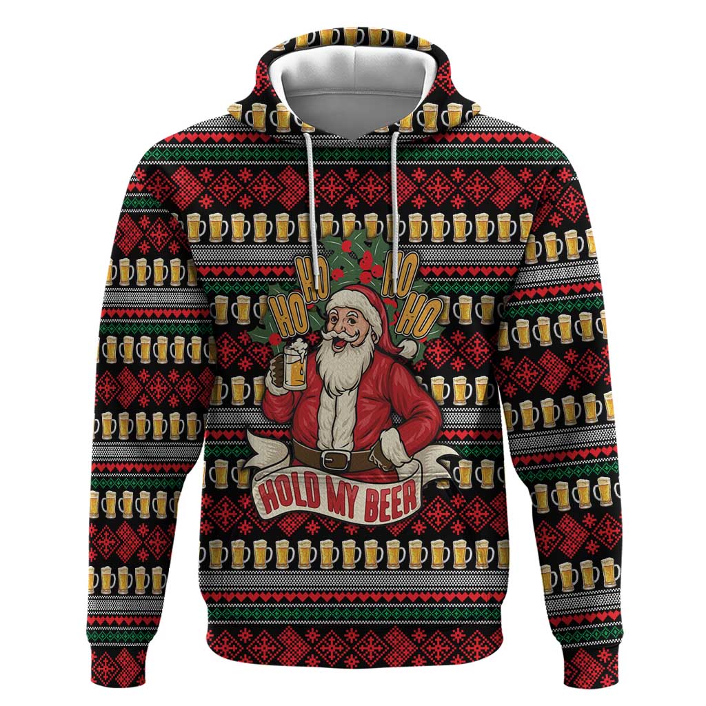 Santa Hold My Beer Christmas Hoodie with Beer Mugs and Holiday Pattern - Wonder Print Shop