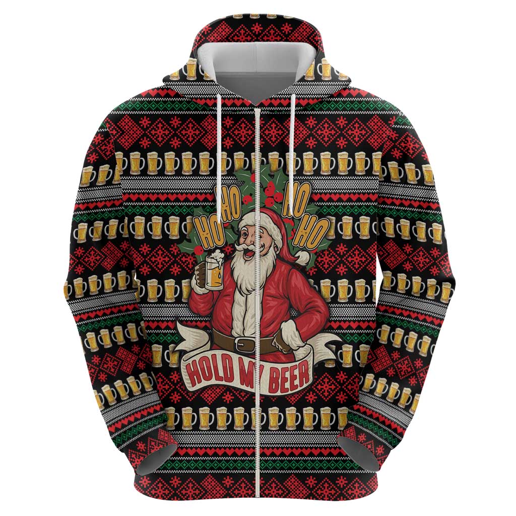 Santa Hold My Beer Christmas Hoodie with Beer Mugs and Holiday Pattern - Wonder Print Shop
