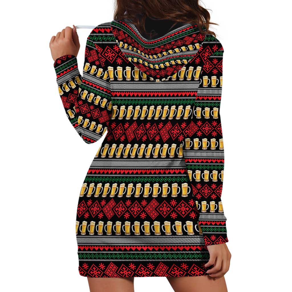 Santa Hold My Beer Christmas Hoodie Dress with Beer Mugs and Holiday Pattern - Wonder Print Shop