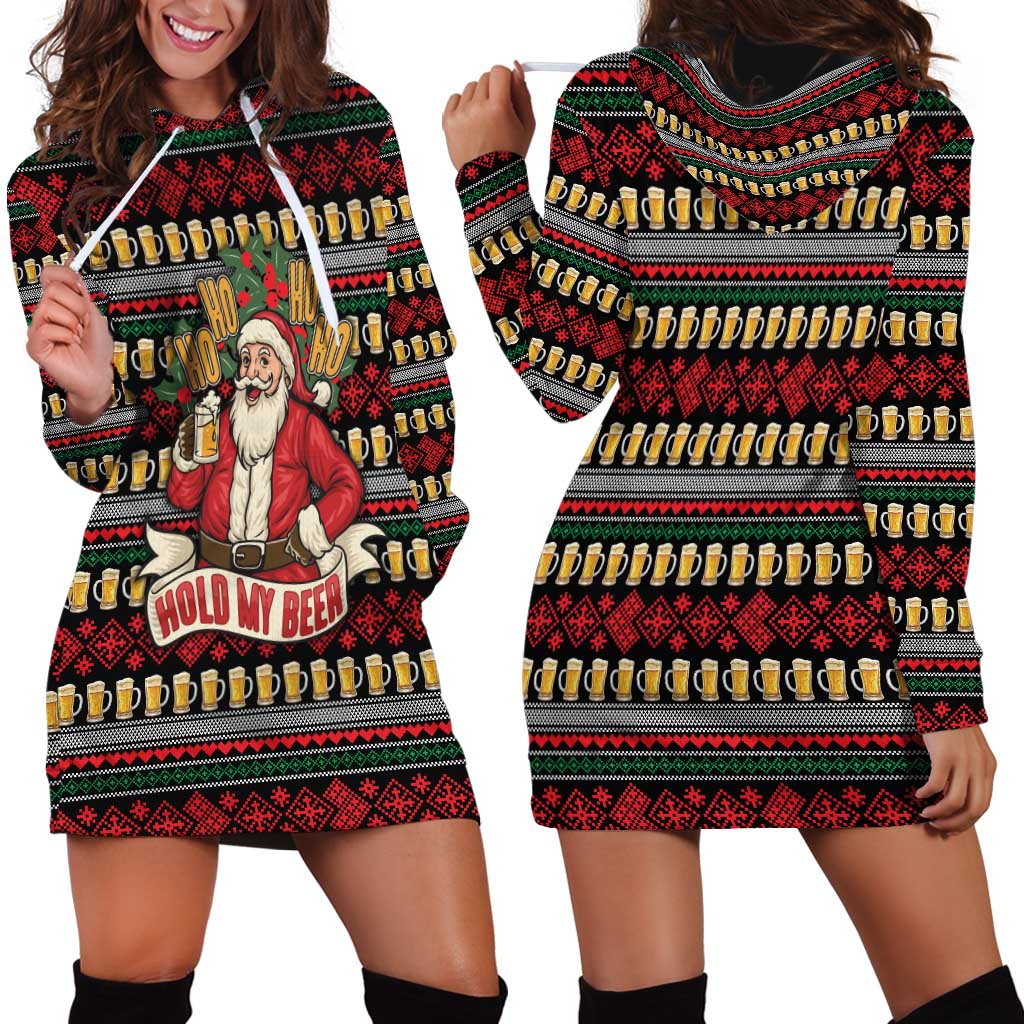 Santa Hold My Beer Christmas Hoodie Dress with Beer Mugs and Holiday Pattern - Wonder Print Shop