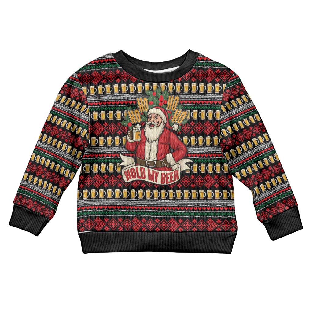 Santa Hold My Beer Christmas Kid Ugly Christmas Sweater with Beer Mugs and Holiday Pattern - Wonder Print Shop