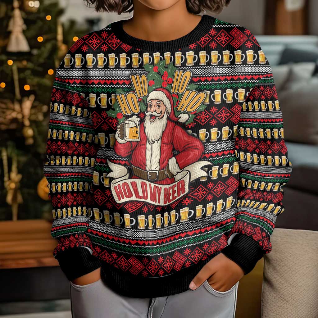 Santa Hold My Beer Christmas Kid Ugly Christmas Sweater with Beer Mugs and Holiday Pattern - Wonder Print Shop