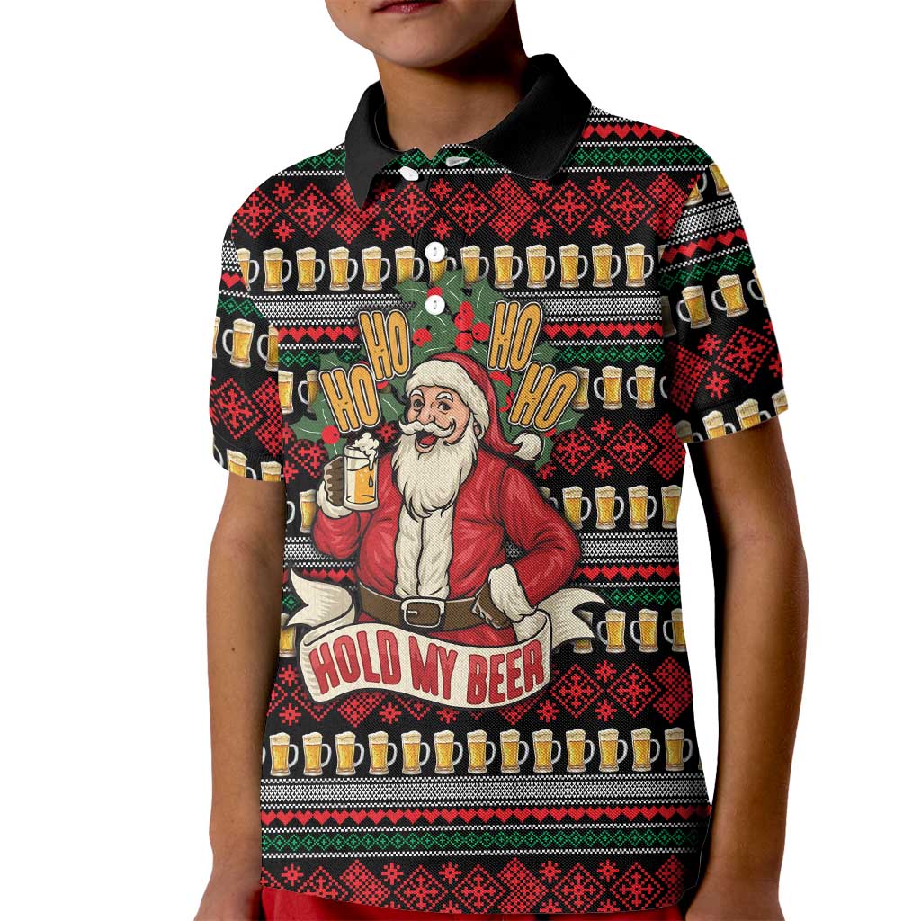 Santa Hold My Beer Christmas Kid Polo Shirt with Beer Mugs and Holiday Pattern - Wonder Print Shop