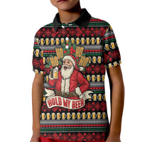 Santa Hold My Beer Christmas Kid Polo Shirt with Beer Mugs and Holiday Pattern - Wonder Print Shop