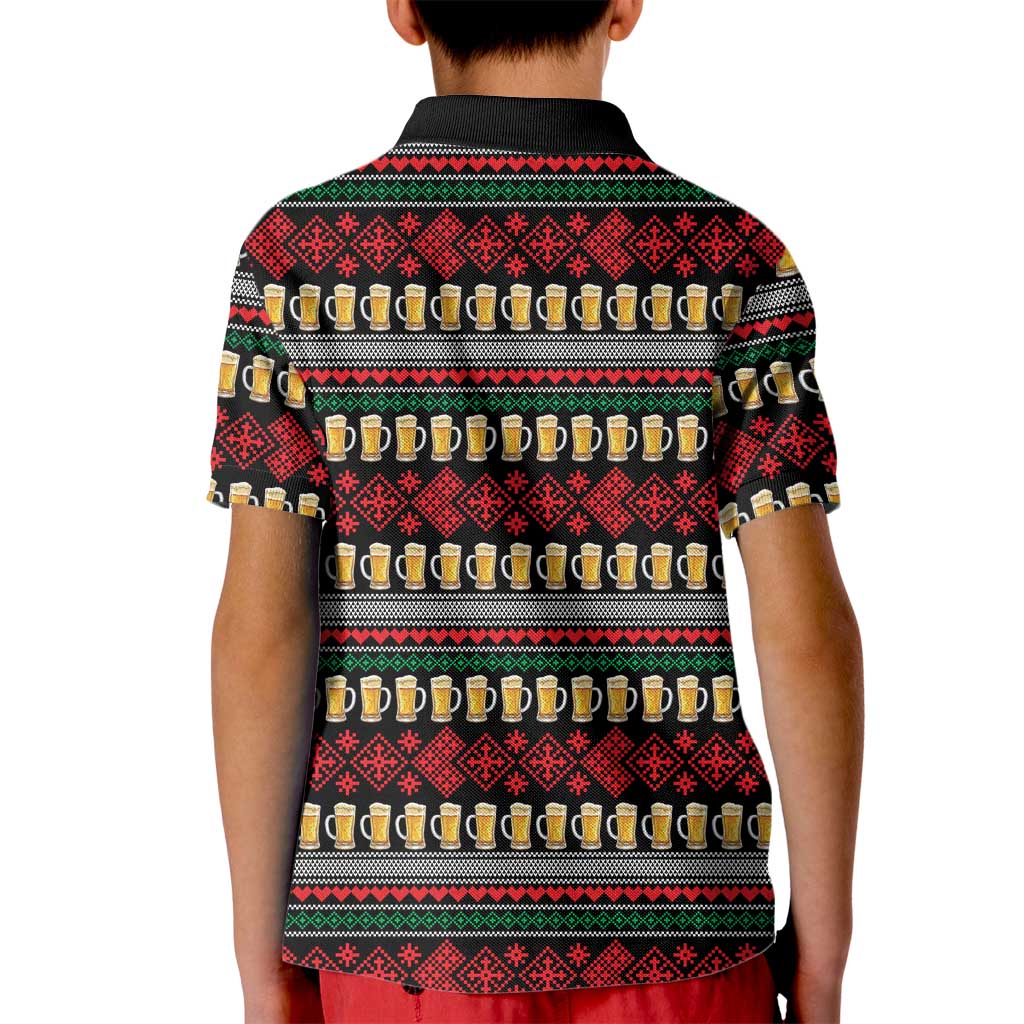 Santa Hold My Beer Christmas Kid Polo Shirt with Beer Mugs and Holiday Pattern - Wonder Print Shop