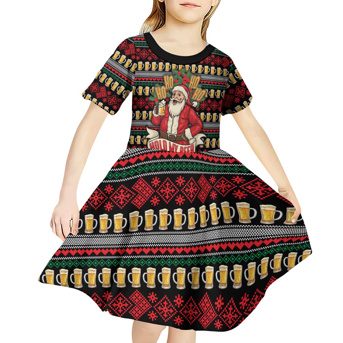 Santa Hold My Beer Christmas Kid Short Sleeve Dress with Beer Mugs and Holiday Pattern - Wonder Print Shop