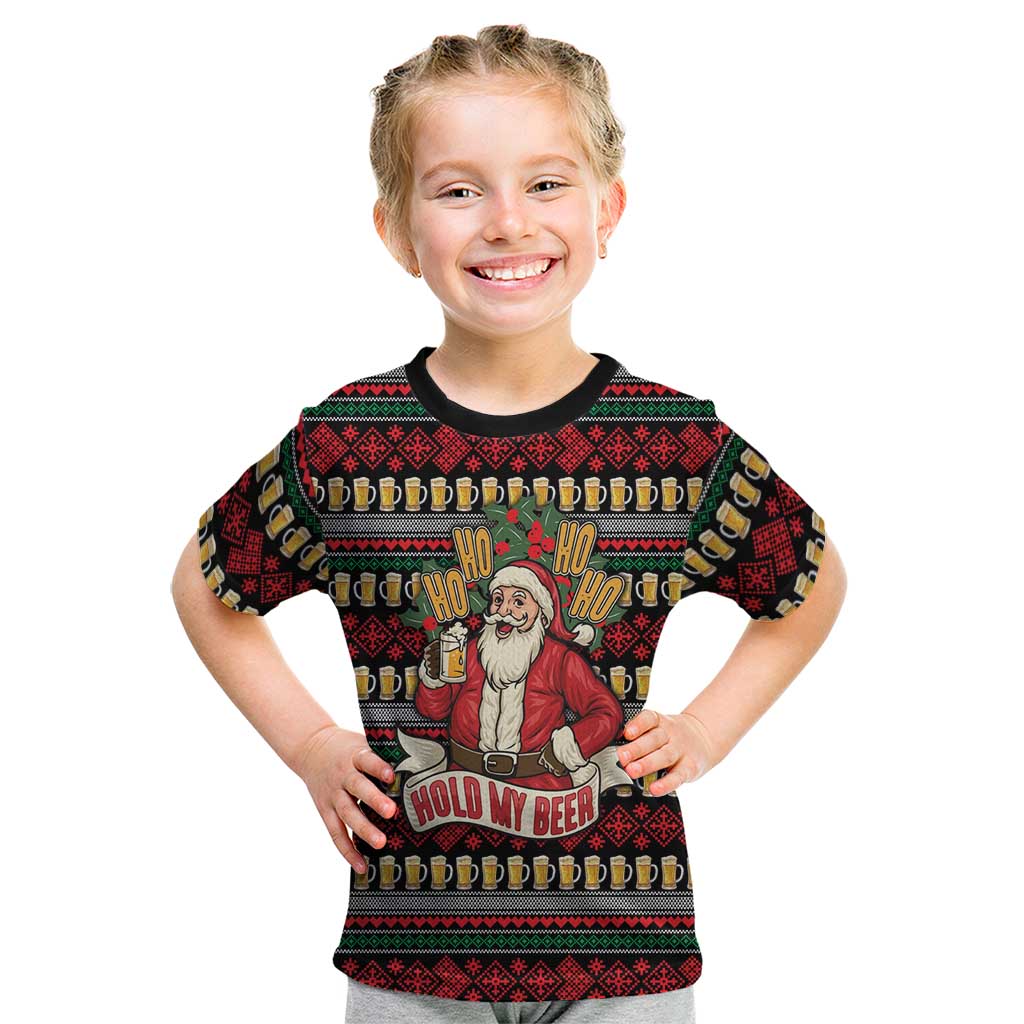 Santa Hold My Beer Christmas Kid T Shirt with Beer Mugs and Holiday Pattern - Wonder Print Shop