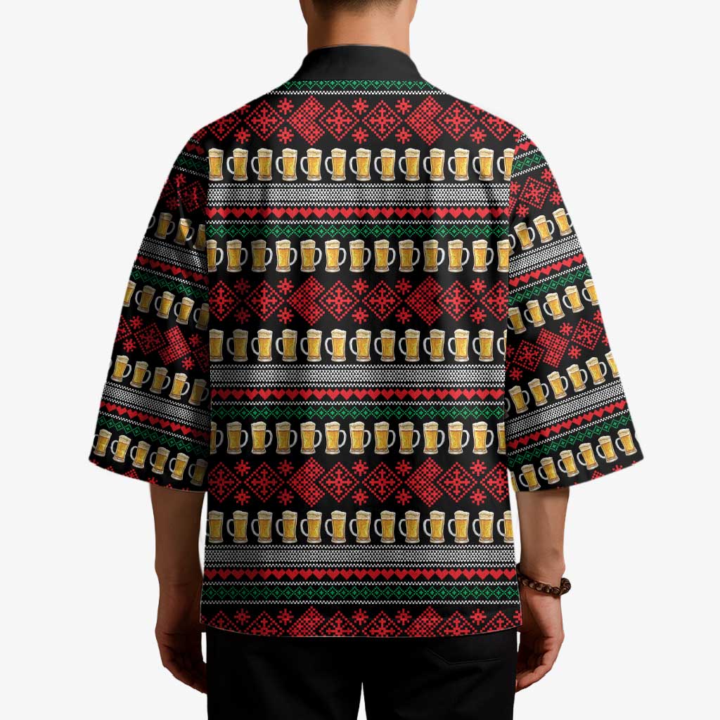 Santa Hold My Beer Christmas Kimono with Beer Mugs and Holiday Pattern - Wonder Print Shop