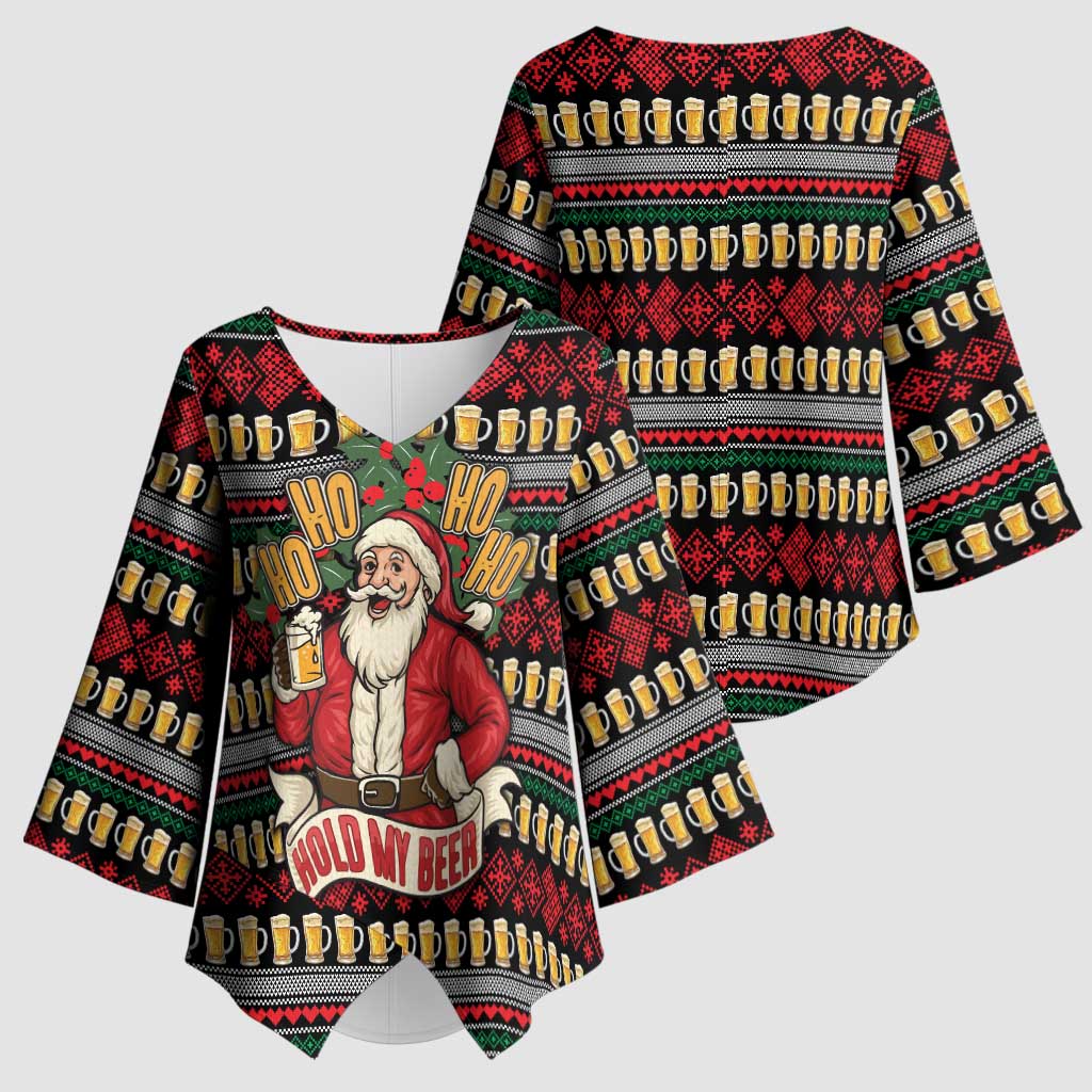 Santa Hold My Beer Christmas Kimono Sleeve Blouse with Beer Mugs and Holiday Pattern - Wonder Print Shop