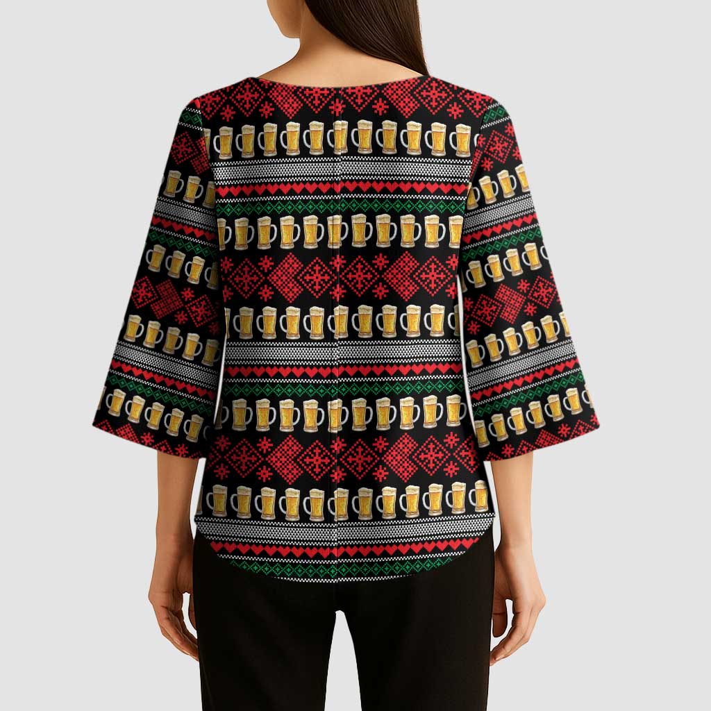 Santa Hold My Beer Christmas Kimono Sleeve Blouse with Beer Mugs and Holiday Pattern - Wonder Print Shop