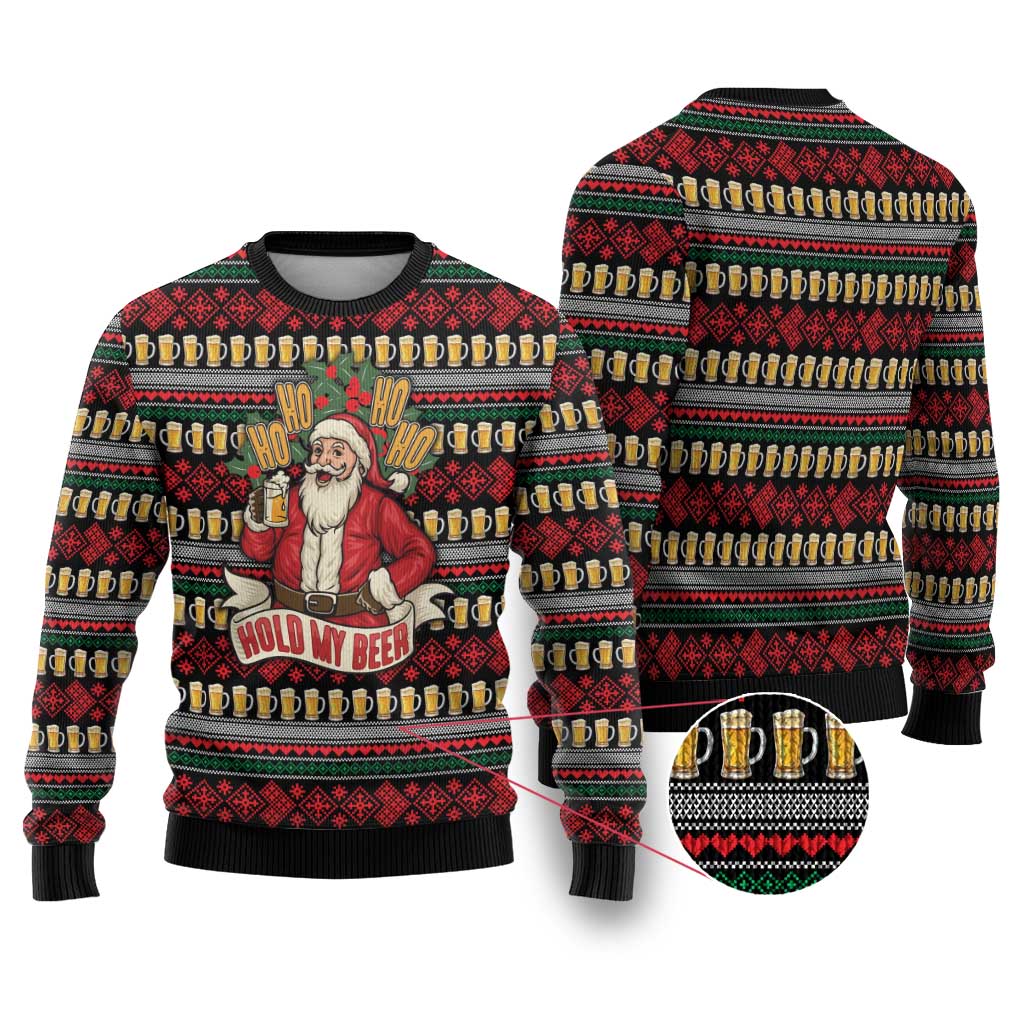 Santa Hold My Beer Christmas Ugly Christmas Sweater with Beer Mugs and Holiday Pattern - Wonder Print Shop