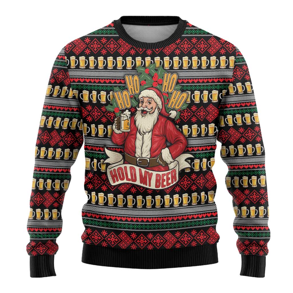 Santa Hold My Beer Christmas Ugly Christmas Sweater with Beer Mugs and Holiday Pattern - Wonder Print Shop