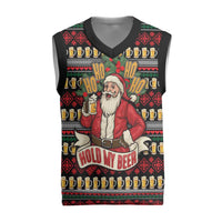 Santa Hold My Beer Christmas Knitted V-Neck Vest with Beer Mugs and Holiday Pattern - Wonder Print Shop