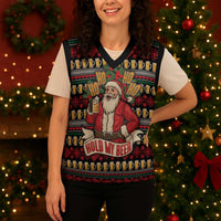 Santa Hold My Beer Christmas Knitted V-Neck Vest with Beer Mugs and Holiday Pattern - Wonder Print Shop