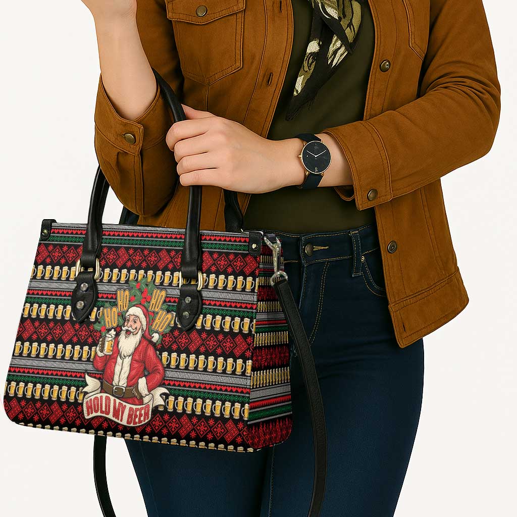 Santa Hold My Beer Christmas Leather Bag with Beer Mugs and Holiday Pattern - Wonder Print Shop
