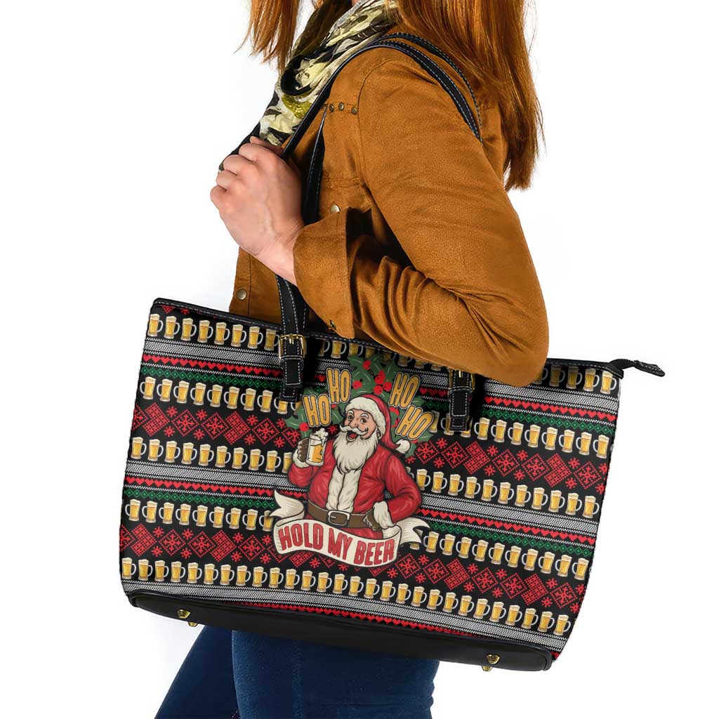 Santa Hold My Beer Christmas Leather Tote Bag with Beer Mugs and Holiday Pattern - Wonder Print Shop