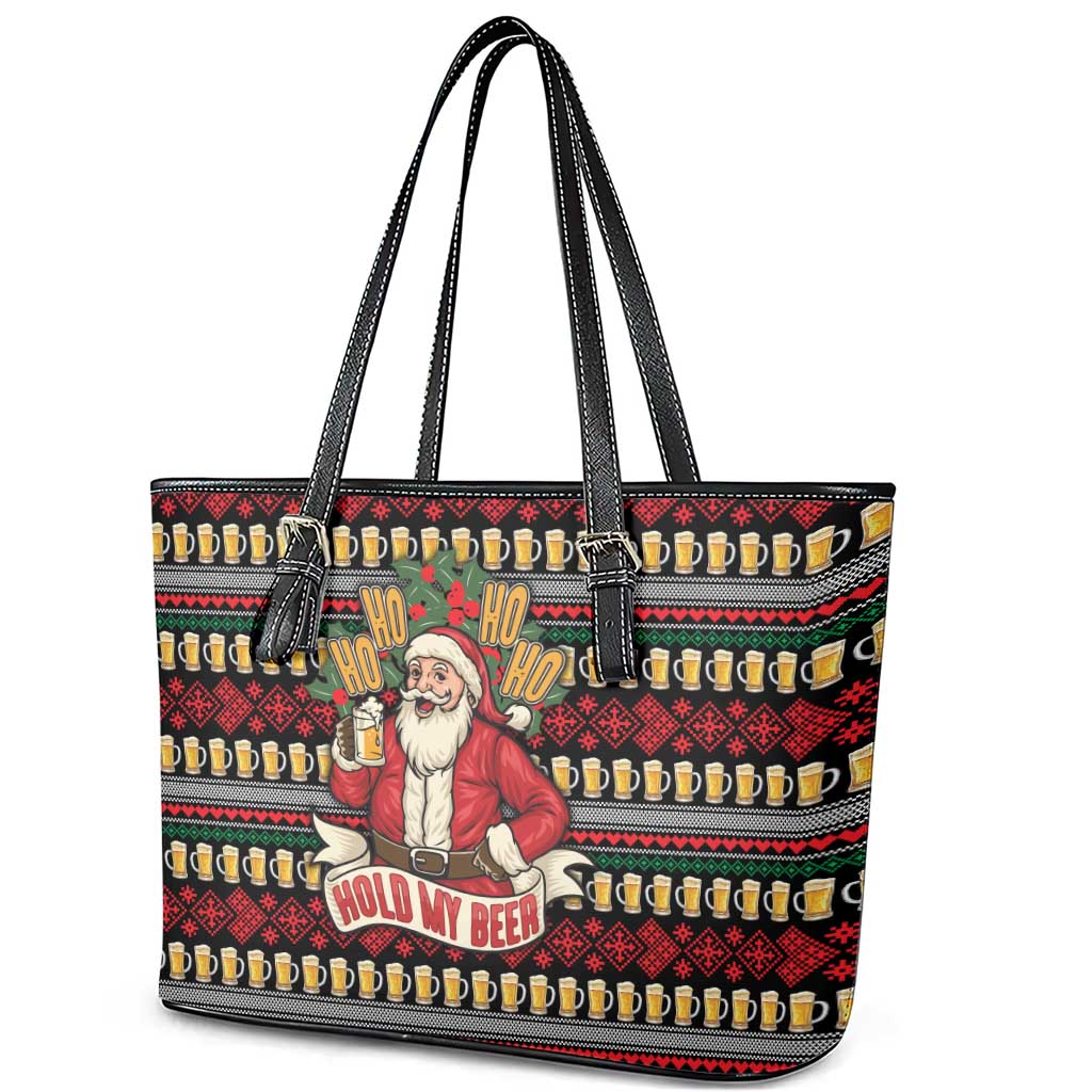 Santa Hold My Beer Christmas Leather Tote Bag with Beer Mugs and Holiday Pattern - Wonder Print Shop