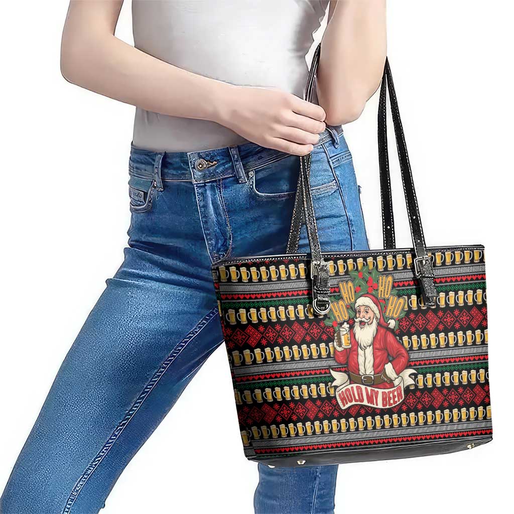 Santa Hold My Beer Christmas Leather Tote Bag with Beer Mugs and Holiday Pattern - Wonder Print Shop